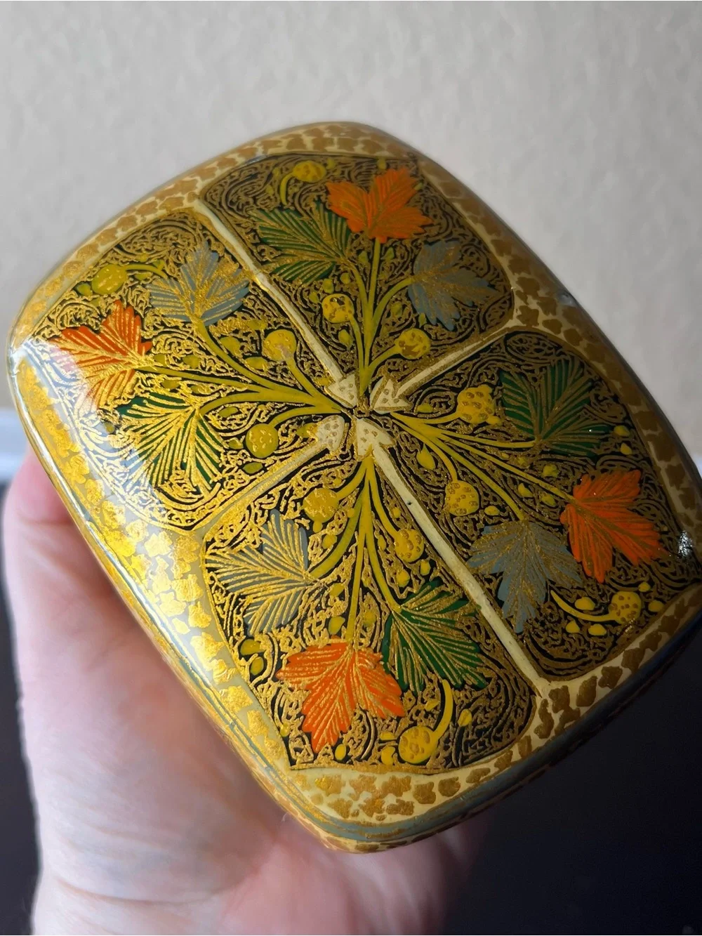Vintage 1970s Kashmiri Papier Mâché Jewelry Box Domed Lid Gold Floral Trinket